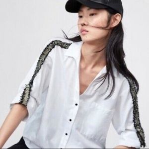 ZARA White button down oversized shirt w tweed arm trim | Sz L